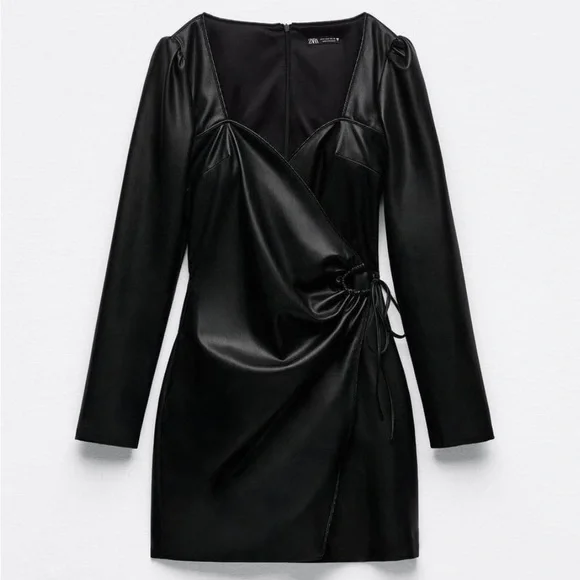 Zara Faux Leather Sweetheart Wrap Mini Dress Black